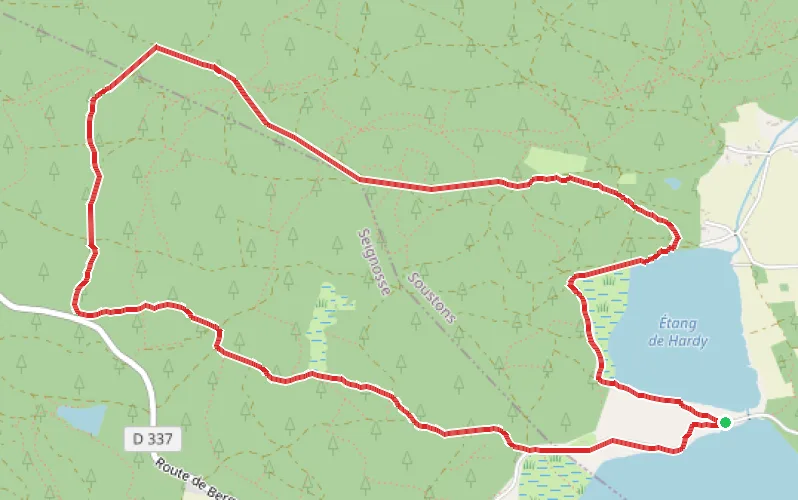 Tracé du parcours Boucle dans la lande près de l'Étang d'Hardy et de l'Étang Blanc