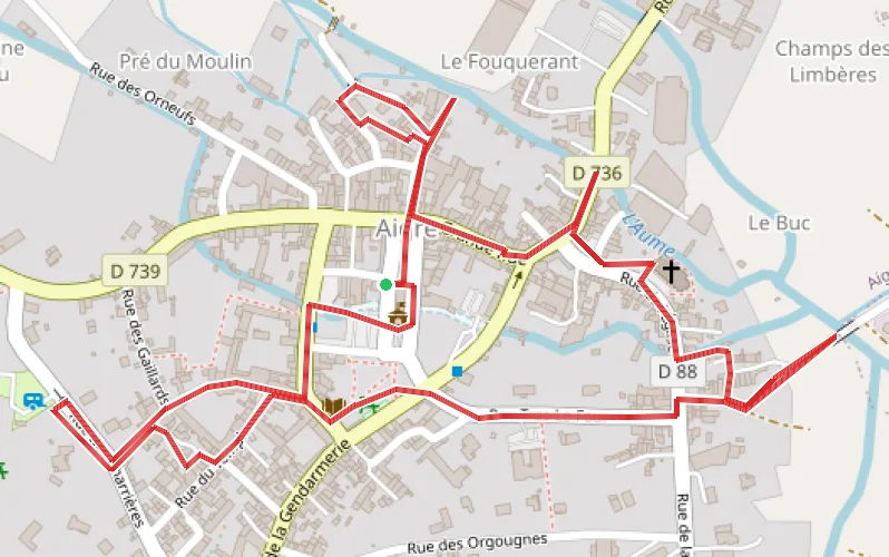 Tracé du parcours Balade-quiz "Au fil de nos histoires" à Aigre