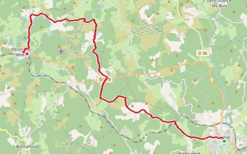 Tracé du parcours De Meymac à Pérols-sur-Vézère
