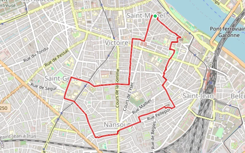 Tracé du parcours Petite boucle de Bordeaux-Centre côté Sud par les espaces verts