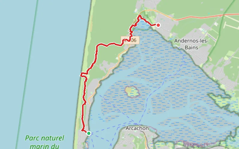 Tracé du parcours Tour du bassin d'Arcachon, de Bélisaire à Arès