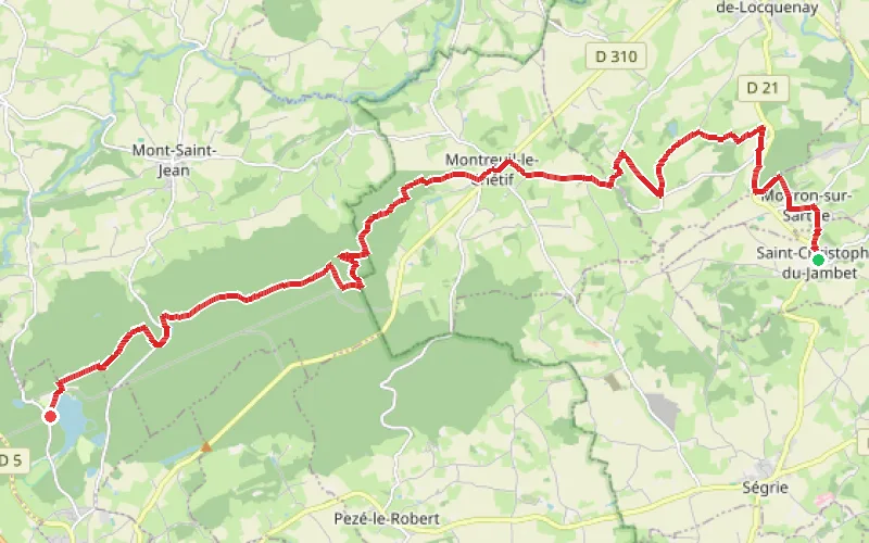 Tracé du parcours De Saint-Christophe-du-Jambet au Lac de Sillé-le-Guillaume