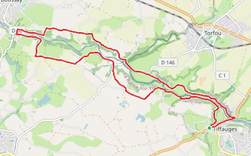 Tracé du parcours Boucle entre Tiffauges et Boussay le long de la Sèvre