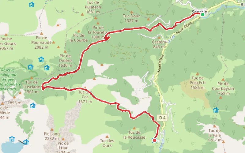 Tracé du parcours De Sentein au Refuge d'Eylie par la Vallée de l'Isard et le Col des Cos