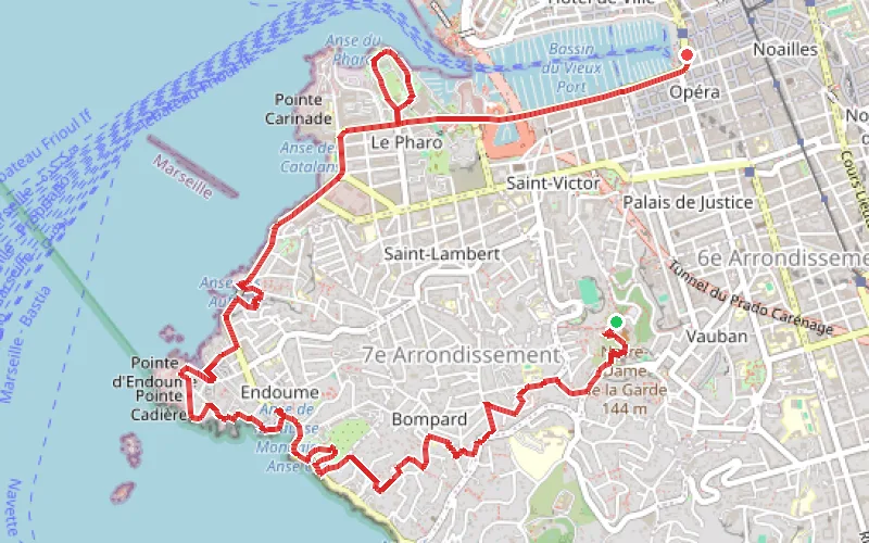 Tracé du parcours La Corniche, de Notre-Dame de la Garde au Vieux Port