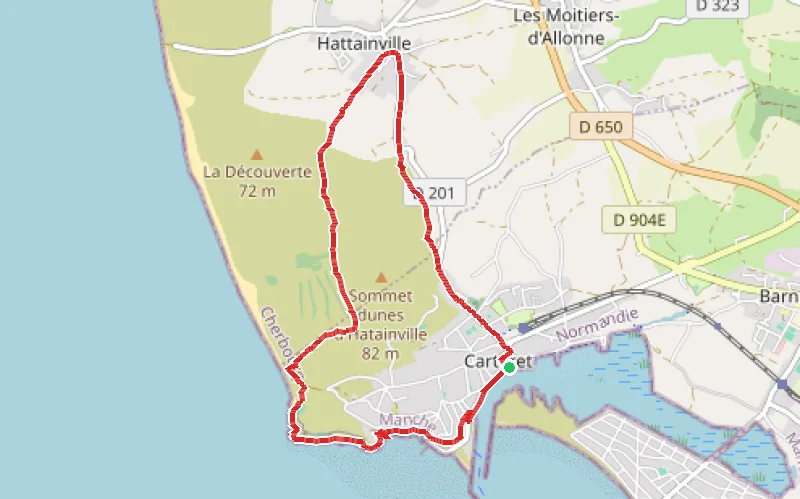 Tracé du parcours Boucle de Carteret par le chemin des douaniers et les dunes de Hattainville