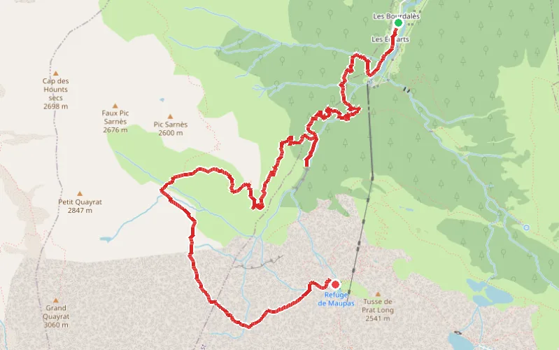 Tracé du parcours Refuge du Maupas par le Cirque des Crabioules