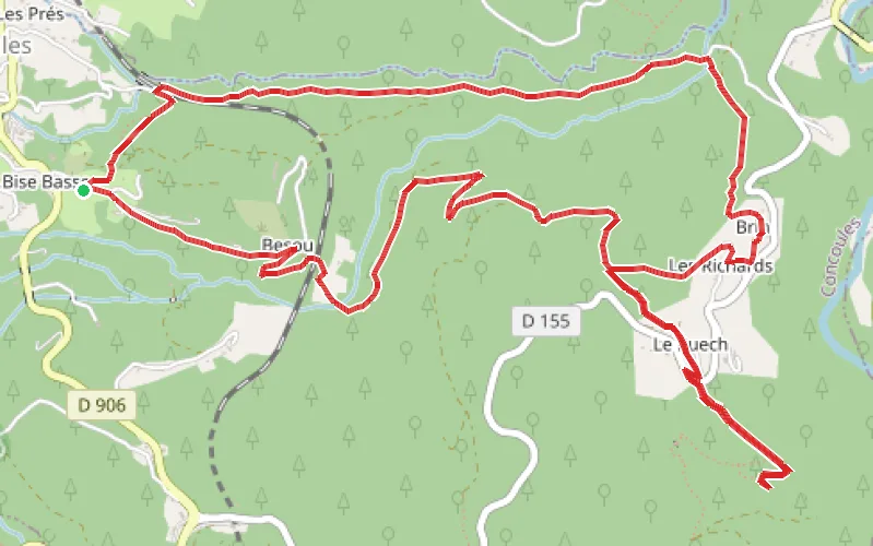 Tracé du parcours Le long de la Connes vers la grotte des Baumes