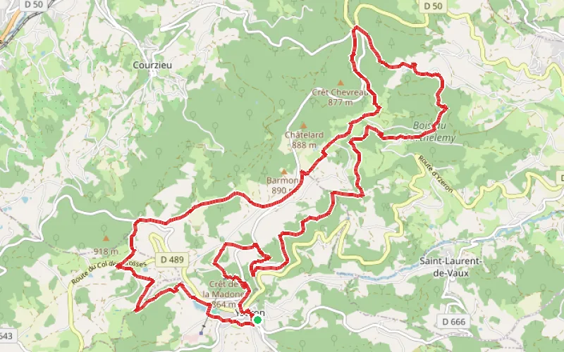 Tracé du parcours Boucle d'Yzeron par Bibelain, Col de Malval, Le Barthélemy et les Esselards