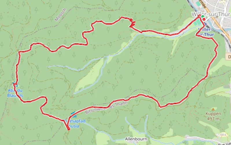 Tracé du parcours L'Abri du Blaufels à travers la forêt Willer-Bitschwiller