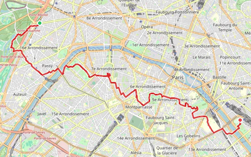 Tracé du parcours De la Porte Dauphine à Bercy