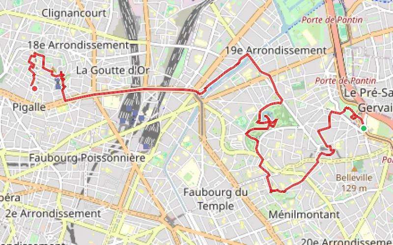 Tracé du parcours De la Butte du Chapeau Rouge au Mur des Je t'aime