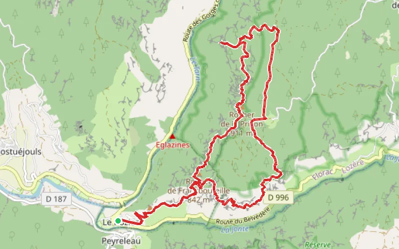 Tracé du parcours Les Corniches du Méjean et du Tarn au départ de Rozier