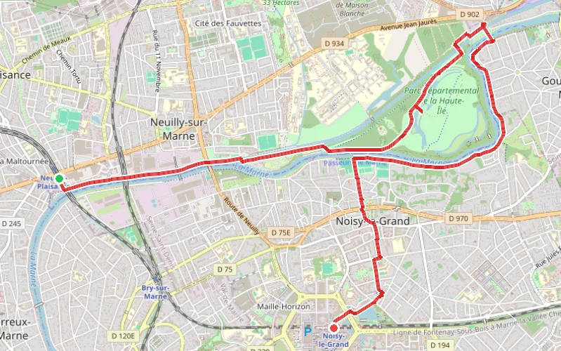Tracé du parcours Les bords de Marne et le Parc départemental de la Haute-Ile