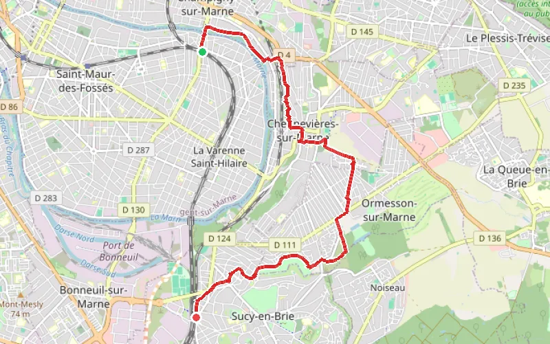 Tracé du parcours De Saint-Maur à Suçy-en-Brie par la Marne et le Parc du Morbras