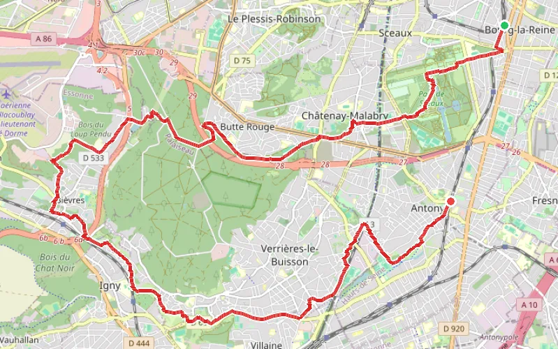 Tracé du parcours Du Parc de Sceaux à la Vallée de la Bièvre
