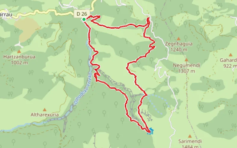 Tracé du parcours Olhadübi par la passerelle d'Holzarte
