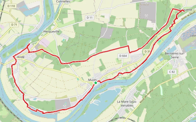 Tracé du parcours Deux moulins, trois églises et deux îles dans une boucle de la Seine