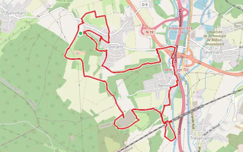 Tracé du parcours Des fontaines du village au fort et viaduc de Bermont à Dorans