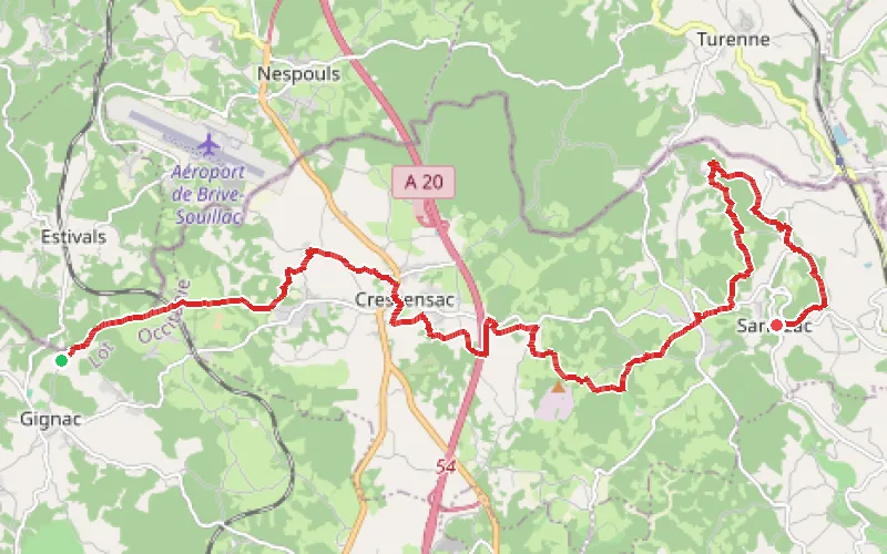 Tracé du parcours De Gignac à Sarrazac