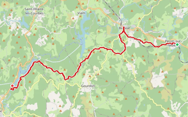 Tracé du parcours De Pérols-sur-Vézère à Treignac