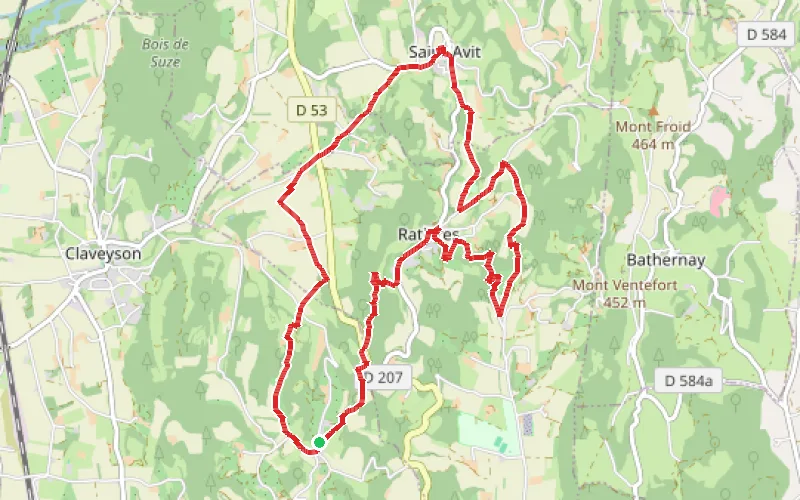 Tracé du parcours Du Prieuré de Saint-Andeol à la Tour de Ratières