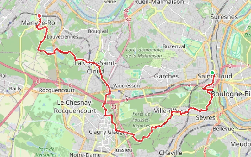 Tracé du parcours De Saint-Cloud à Marly-le-Roi par les Étangs de Ville-d'Avray