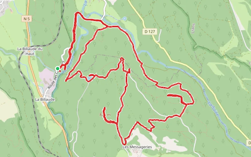 Tracé du parcours Boucle autour de la Cascade de la Billaude par la Grande Cheminée