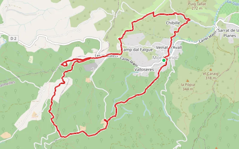 Tracé du parcours Chapelles Sant Amanç et Vallpuig depuis Montauriol